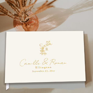Ecru/Gold Blumen-Monogramm-Kalligrafie-Hochzeit Gästebuch
