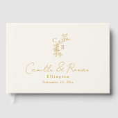 Ecru/Gold Floral Monogram Calligraphy Wedding Gästebuch (Vorderseite)