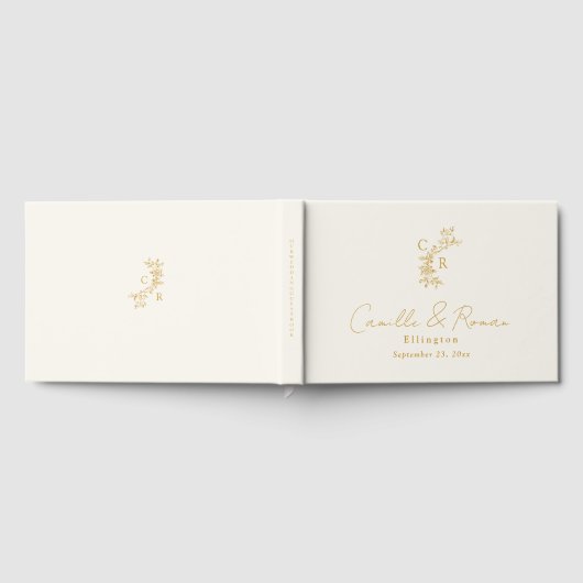 Ecru/Gold Floral Monogram Calligraphy Wedding Gästebuch (Voll)