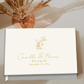 Ecru/Gold Floral Monogram Calligraphy Wedding Gästebuch
