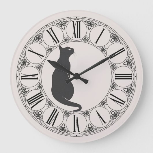 Ecru mit schwarzer Katze und römischer Zahlenwand Große Wanduhr (Vorderseite)