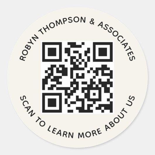 Ecru QR Code Stickers Custom Business Name Round (Vorderseite)