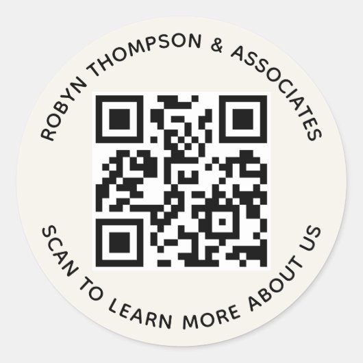 Ecru QR Code Stickers Custom Business Name Round (Vorderseite)