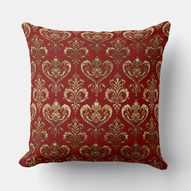 Edel Rot und Gold Herzchen Valentine's Damask Kissen (Vorderseite)