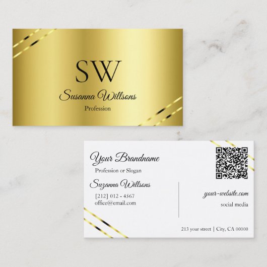 Edelgold mit schimmernden Linien Monogramm QR Code Visitenkarte (Vorne/Hinten)