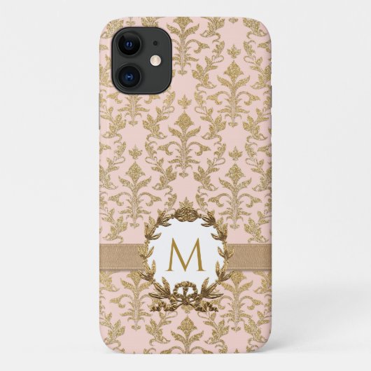 Edelgold Rosa Damast Glitzer Monogramm Case-Mate iPhone Hülle (Rückseite)