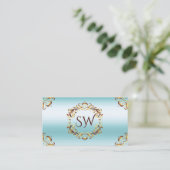 Edelgolddekor Ice Blue Monogram Foto QR Code Visitenkarte (Stehend Vorderseite)