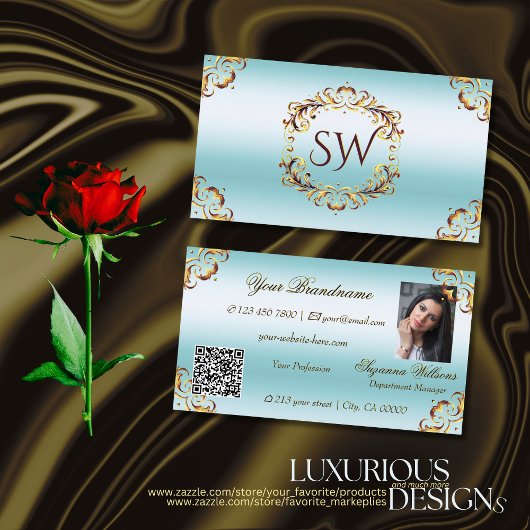 Edelgolddekor Ice Blue Monogram Foto QR Code Visitenkarte