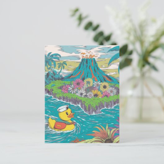 Edelgummi-Ente vor einem Vulkan Postkarte (Stehend Vorderseite)