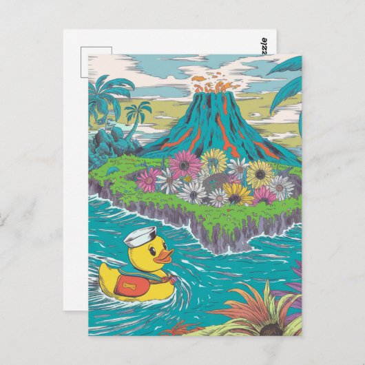 Edelgummi-Ente vor einem Vulkan Postkarte (Vorne/Hinten)