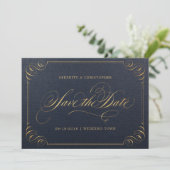 Edelkalligraphie Navy in Gold Save the Date (Stehend Vorderseite)