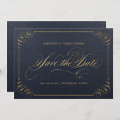 Edelkalligraphie Navy in Gold Save the Date (Vorne/Hinten)