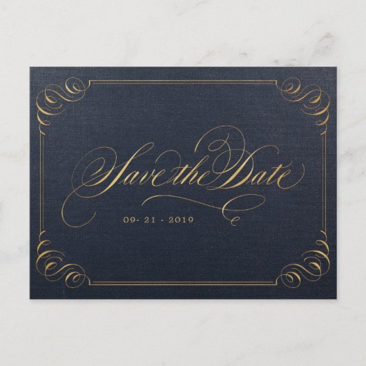 Edelkalligraphie Navy in Gold Save the Date Ankündigungspostkarte (Vorderseite)