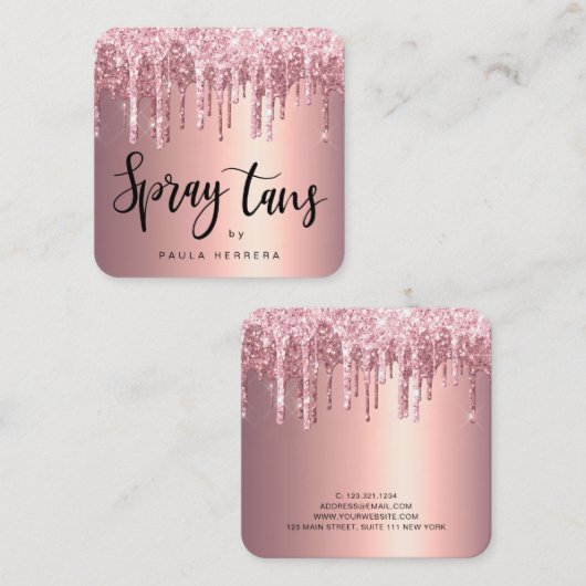 Edelkupfer-Rose Gold Glitzer Tropfen Spray Tans Quadratische Visitenkarte (Vorne/Hinten)