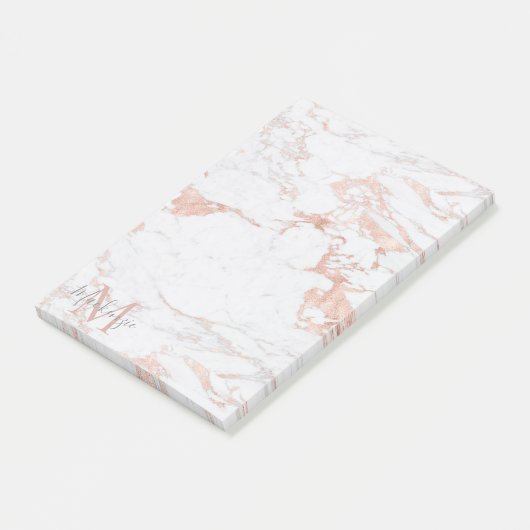 Edelmarmor und Rose-Goldfolie-Monogramm Post-it Klebezettel (angewinkelt)