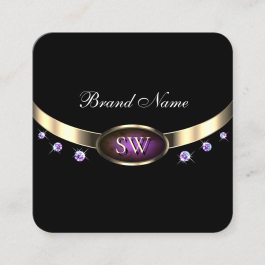 Edelschwarz-goldfarbene Lila Marmorinitis Diamante Quadratische Visitenkarte (Vorderseite)