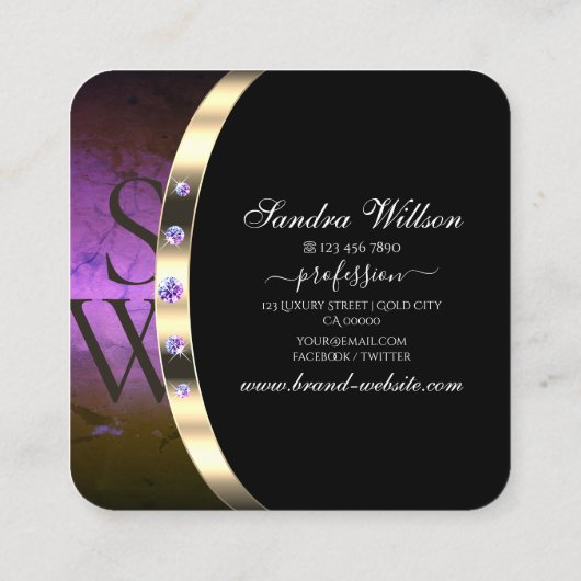 Edelschwarz-goldfarbene Lila Marmorinitis Diamante Quadratische Visitenkarte (Rückseite)