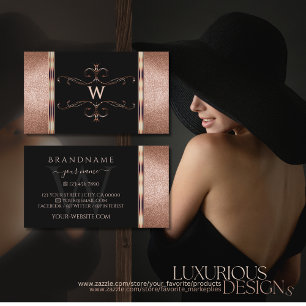 Edelschwarze Rose Gold Glitzer Ornamental Monogram Visitenkarte