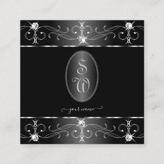 Edelsilber Schwarz-weiße Verzierte Ornamente Initi Quadratische Visitenkarte (Vorderseite)