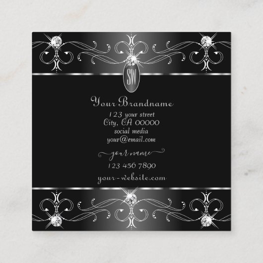 Edelstahl Silber Schwarz-weiße Verzierte Ornamente Quadratische Visitenkarte (Rückseite)