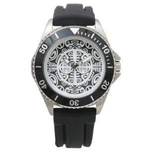 Edelstahluhr mit Maori- Symbolgesicht Armbanduhr