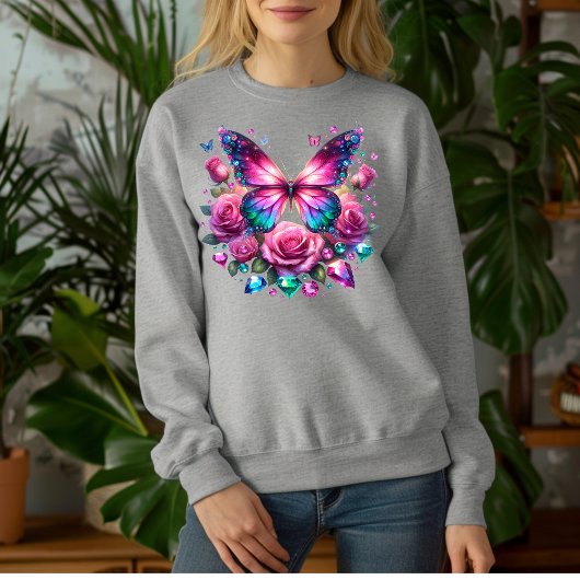 Edelstein-Schmetterling mit rosa Rosen T-Shirt