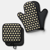 Edelweiss Doodle Black Oven Mitt Pot Holding Set (Vorderseite/Rückseite)