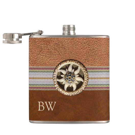Edelweiss-Flasche mit Leder und Monogramm Flachmann (Geöffnet)