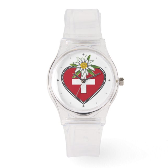 Edelweiss Herz Schweizer Flagge Armbanduhr (Vorderseite)