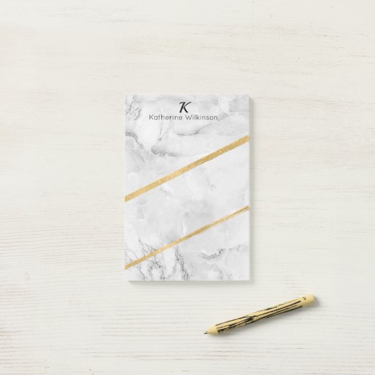 Edelweißes Marmorgold-Monogramm Post-it Klebezettel (Auf Schreibtisch)