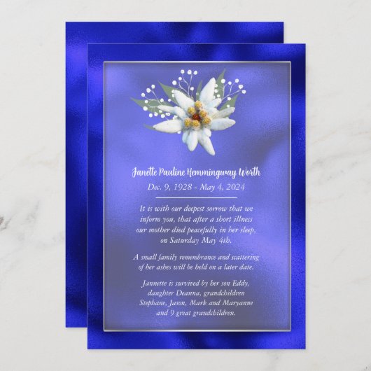 Edelwiess European Style Death Announcement Card Ankündigung (Vorne/Hinten)