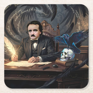 Edgar A. Poe komponiert The Raven in gotischen Trä Rechteckiger Pappuntersetzer