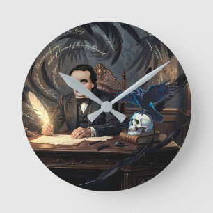 Edgar A. Poe komponiert The Raven in gotischen Trä Runde Wanduhr