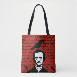 Edgar Allan Poe mit schwarzem Raben auf Rot Tasche