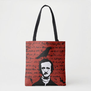 Edgar Allan Poe mit schwarzem Raben auf Rot Tasche