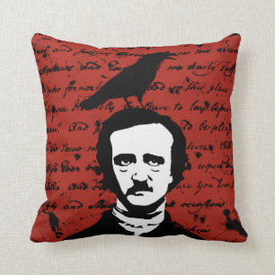Edgar Allan Poe und schwarzer Rabe auf Rot Kissen