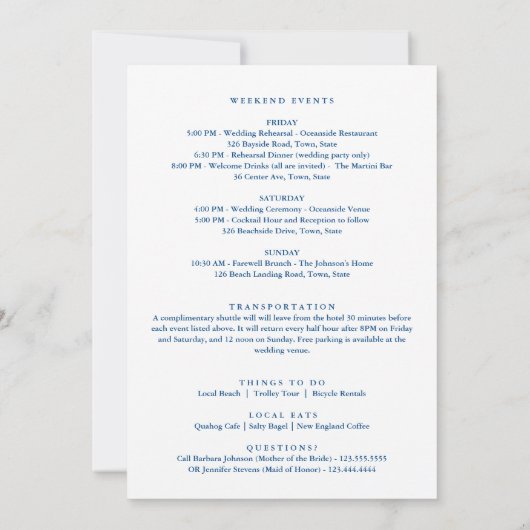 Edgartown MA Wedding Welcome Itinerary Navy Blue Dankeskarte (Rückseite)