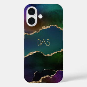 Edgy Agate Dark Moody Jewel Tone Aquamarin Monog iPhone 16 Hülle