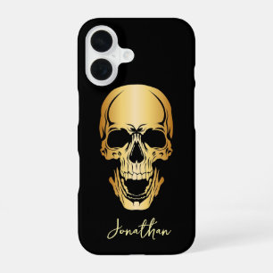 Edgy Black & Gold Skull Pattern Individuelle Name iPhone 16 Hülle