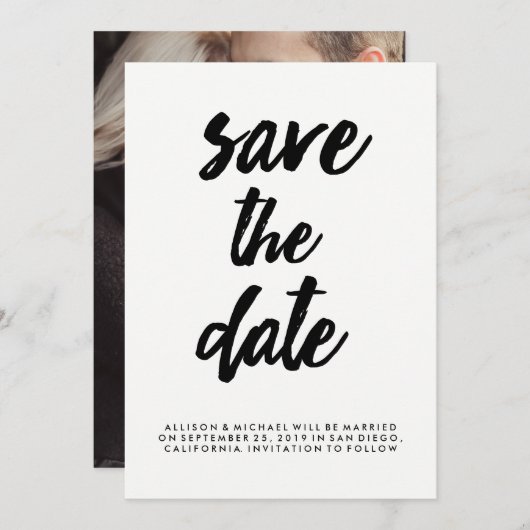 Edgy Black Typografy Save the Date | Foto zurück (Vorne/Hinten)