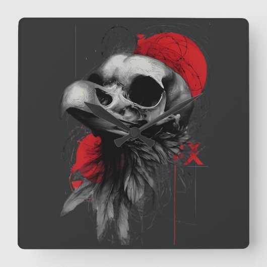 Edgy Crow Skull Gothic Grunge Wall Clock Quadratische Wanduhr (Vorderseite)