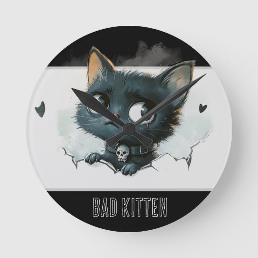 Edgy Kitten Illustration - "Bad Kitten" Text Runde Wanduhr (Vorderseite)