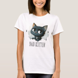Edgy Kitten Illustration - "Bad Kitten" Text T-Shirt