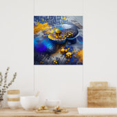 Edgy Modern Blue Yellow Metallic Mushroom Pop Art Poster (Küche)
