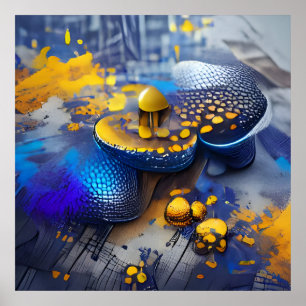 Edgy Modern Blue Yellow Metallic Mushroom Pop Art Poster