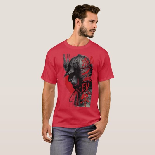 Edgy Samurai Warrior Japanese Ink Art Red Sun T-Shirt (Vorne ganz)