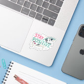 Edgy Shark "Bleibe Positive" Sticker — Dunkler Spa (Laptop mit iPhone)