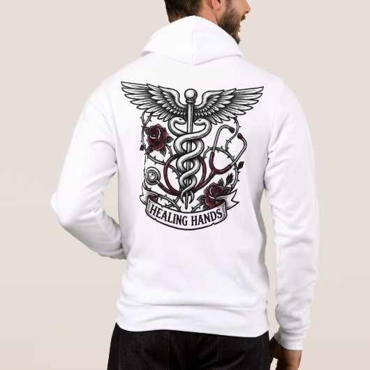 Edgy Tattoo Nurse Skull & Healing Hands Caduceus Hoodie (Rückseite)