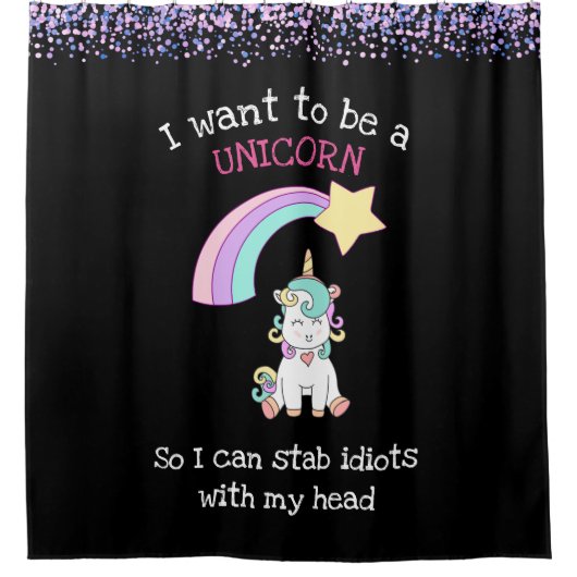 Edgy Unicorn mit Rainbow und Confetti Funny Duschvorhang (Vorderseite)