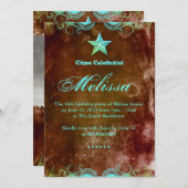 Edgy Western Sweet 16 Blue Brown Star Einladung (Vorne/Hinten)